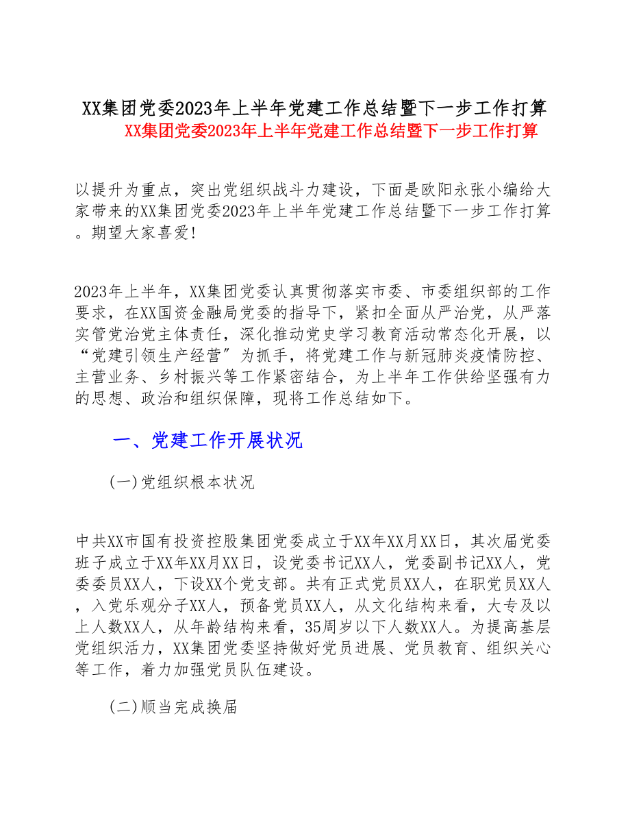 XX集团党委2023年上半年党建工作总结暨下一步工作计划.doc_第1页