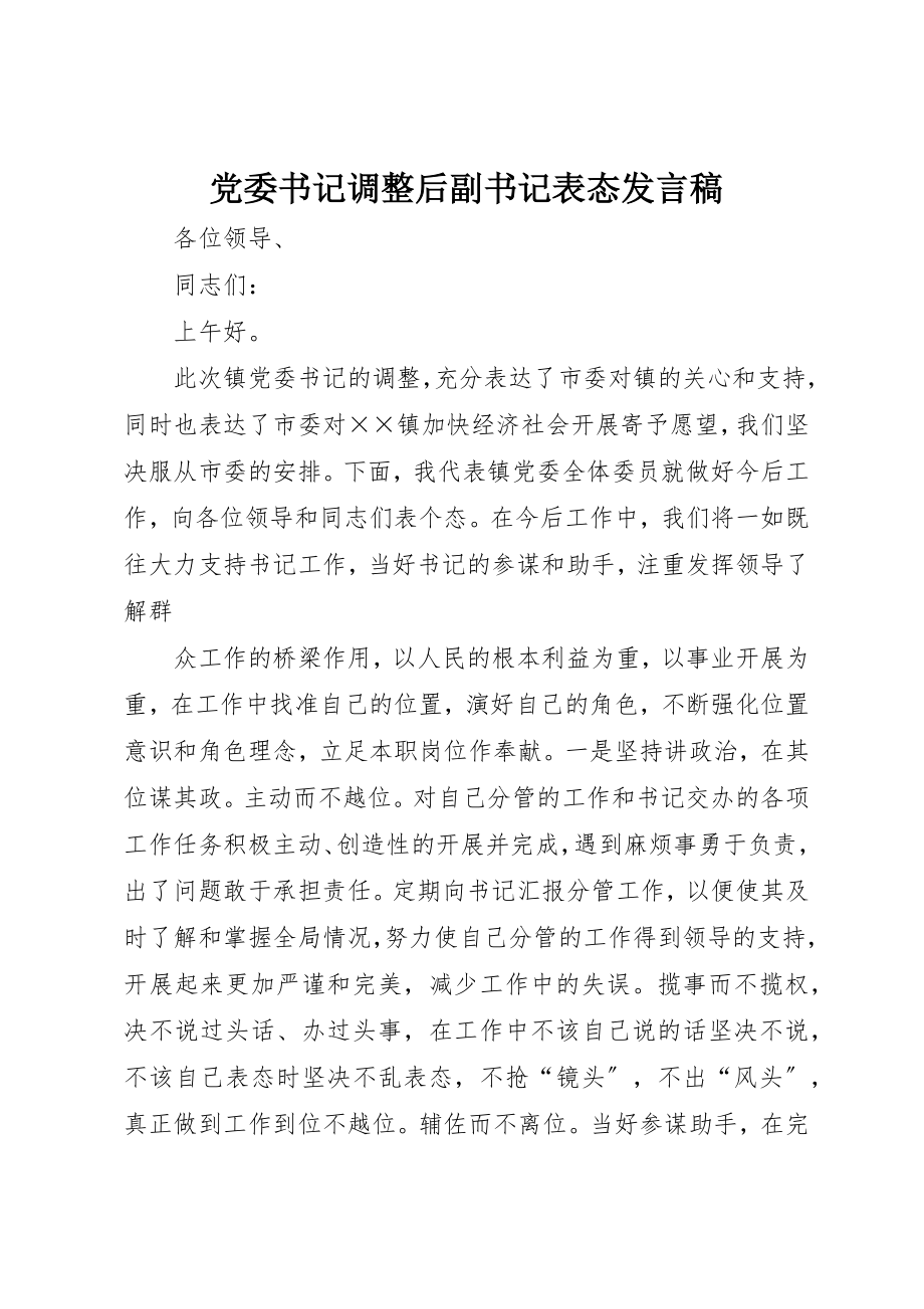 2023年党委书记调整后副书记表态讲话稿.docx_第1页