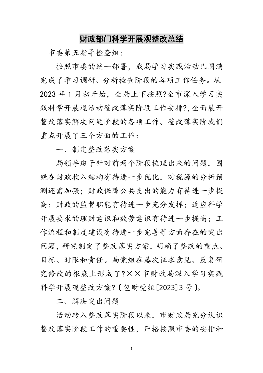 2023年财政部门科学发展观整改总结范文.doc_第1页