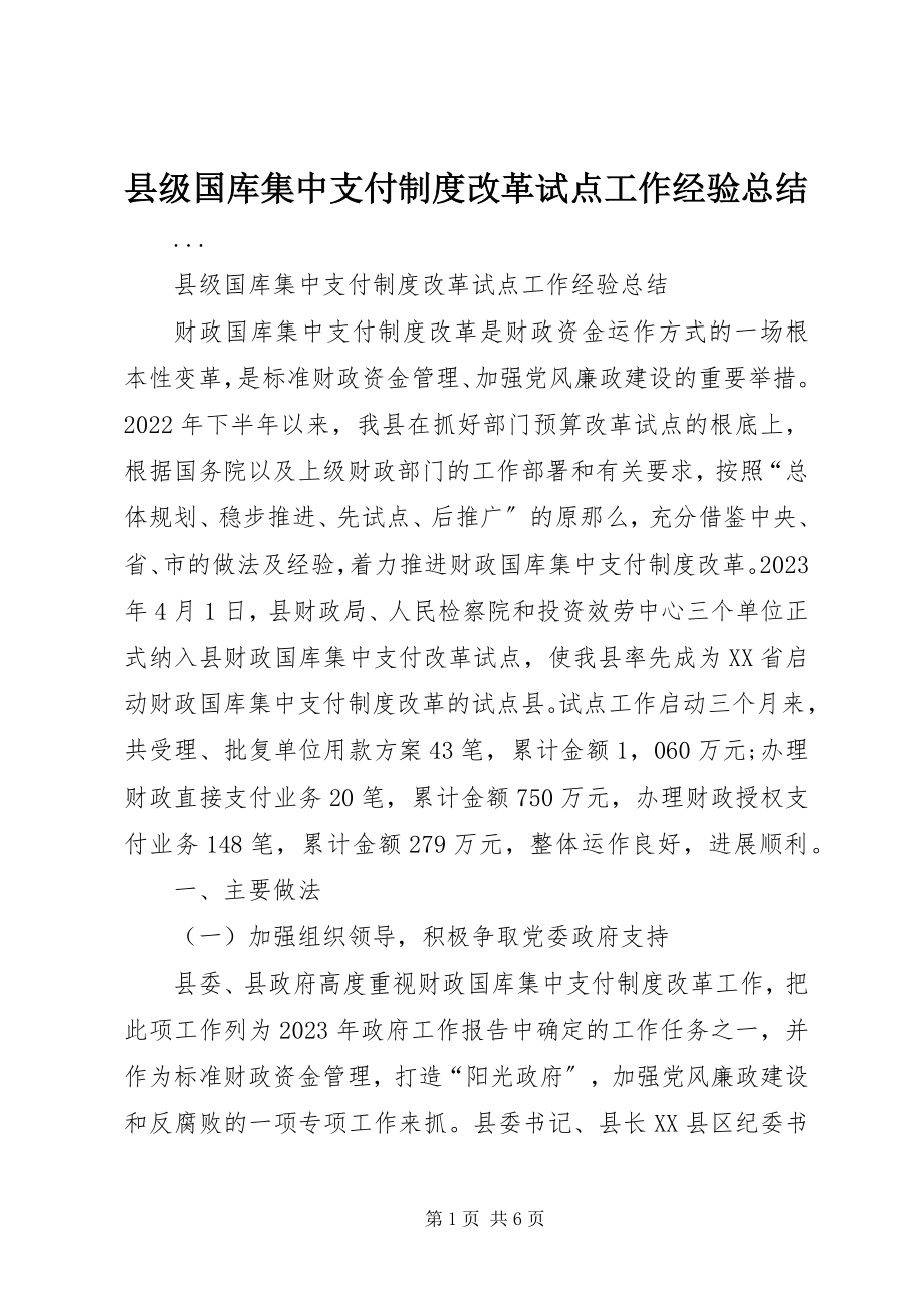 2023年县级国库集中支付制度改革试点工作经验总结.docx_第1页