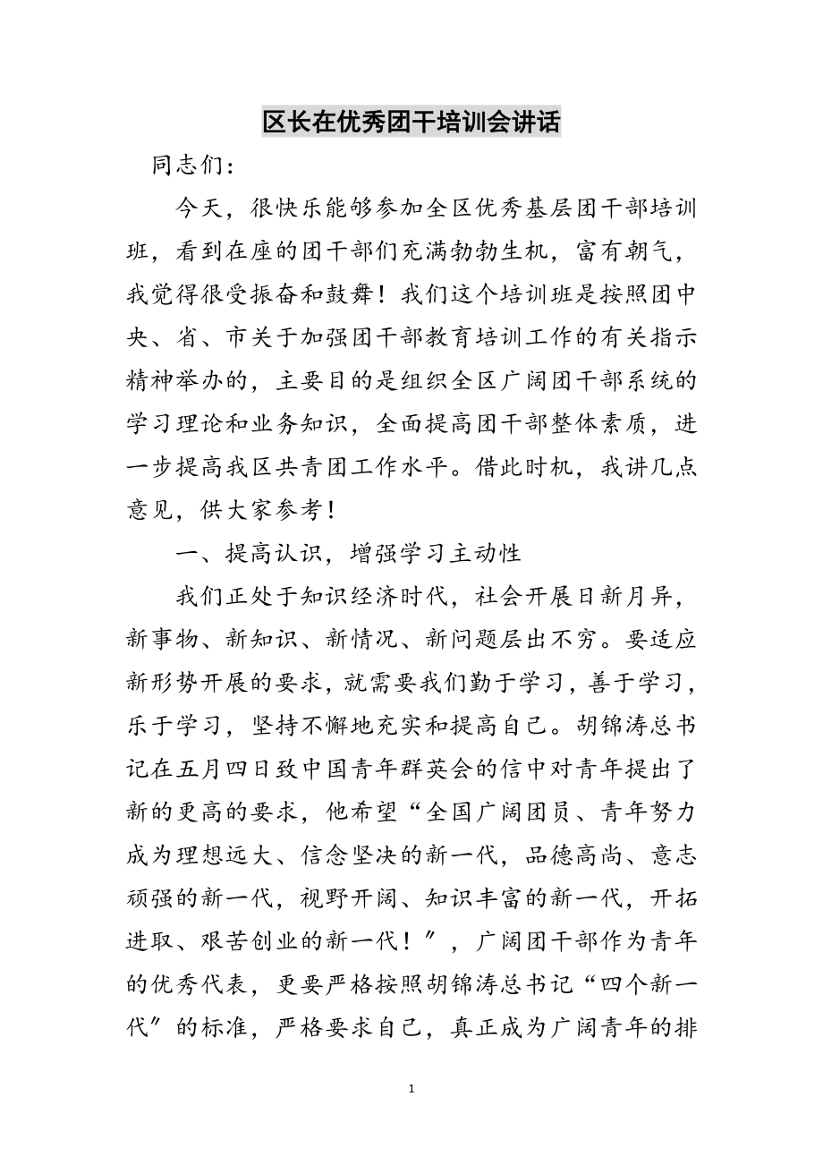 2023年区长在优秀团干培训会讲话范文.doc_第1页