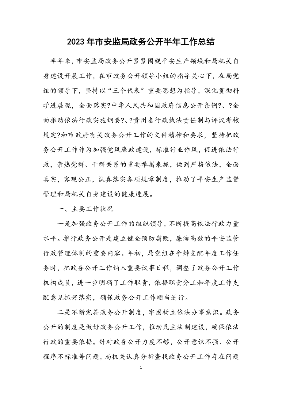 2023年市安监局政务公开半年工作总结.docx_第1页