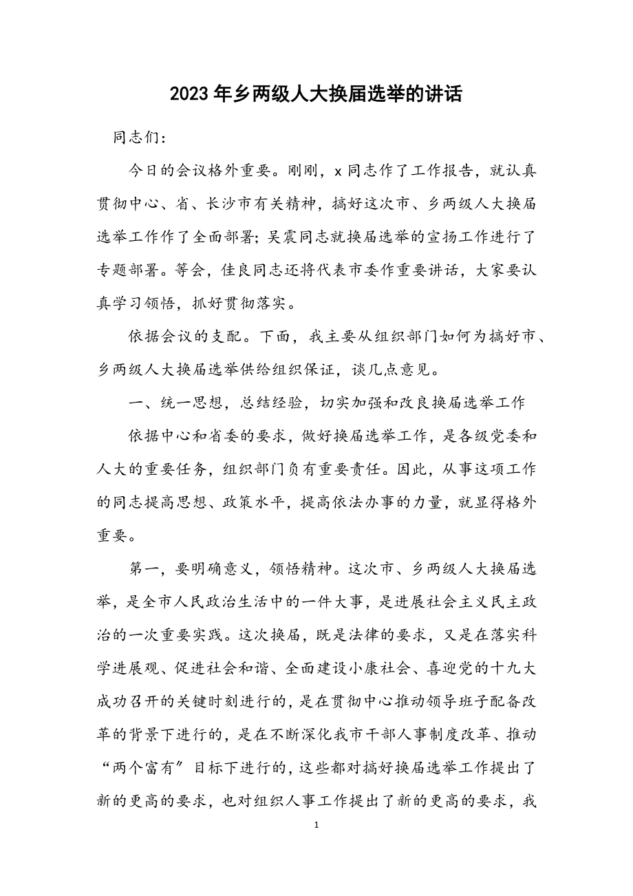 2023年乡两级人大换届选举的讲话.docx_第1页