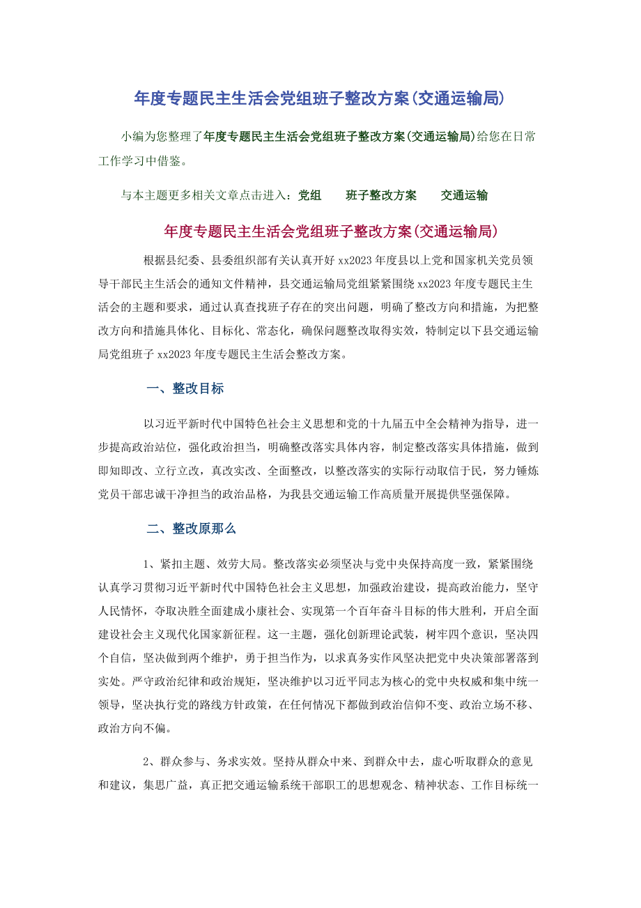 2023年度专题民主生活会党组班子整改方案交通运输局.docx_第1页