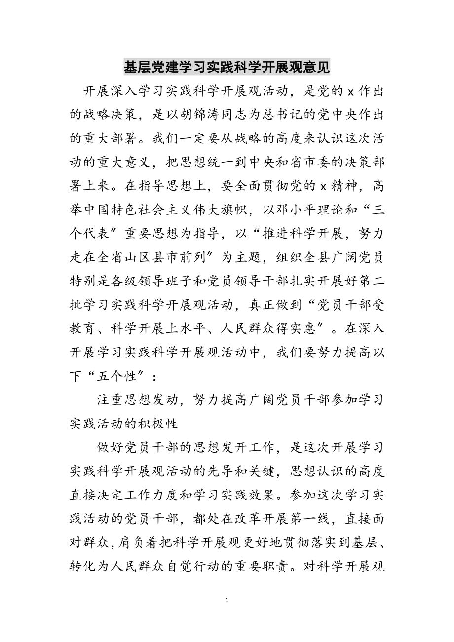 2023年基层党建学习实践科学发展观意见范文.doc_第1页