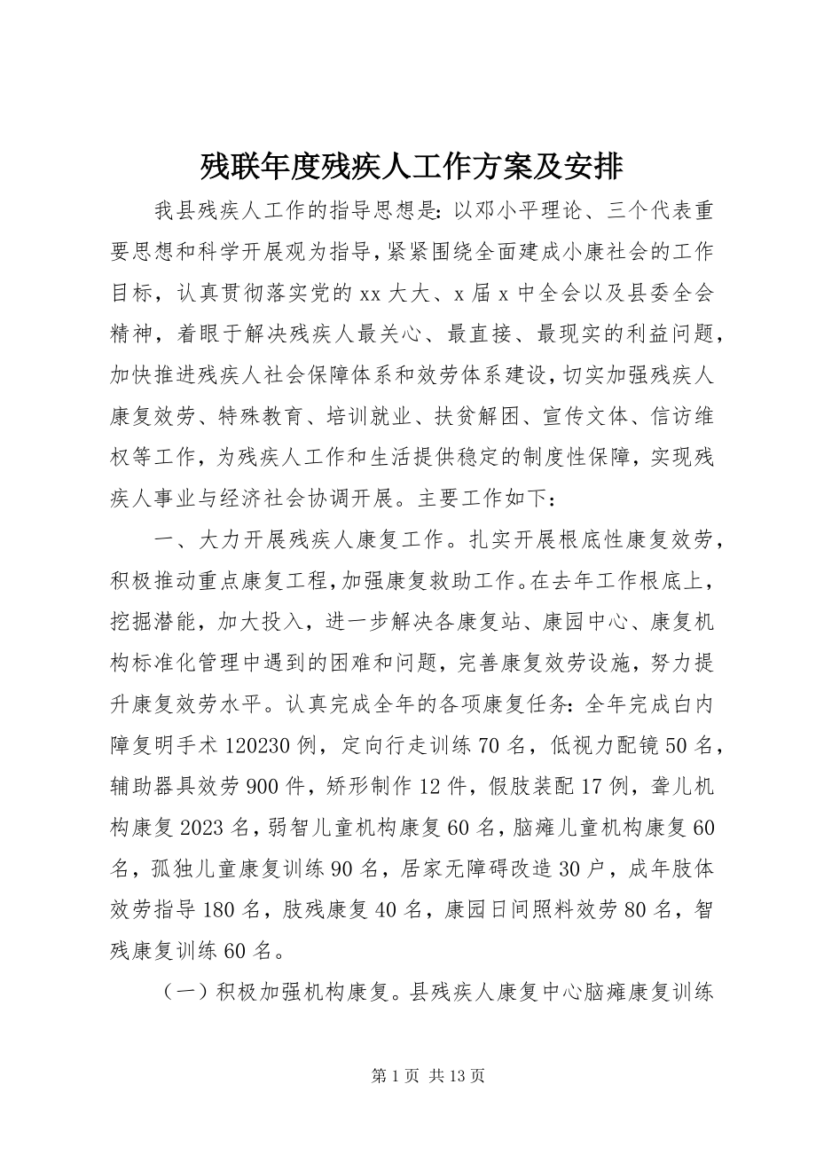 2023年残联年度残疾人工作计划及安排新编.docx_第1页