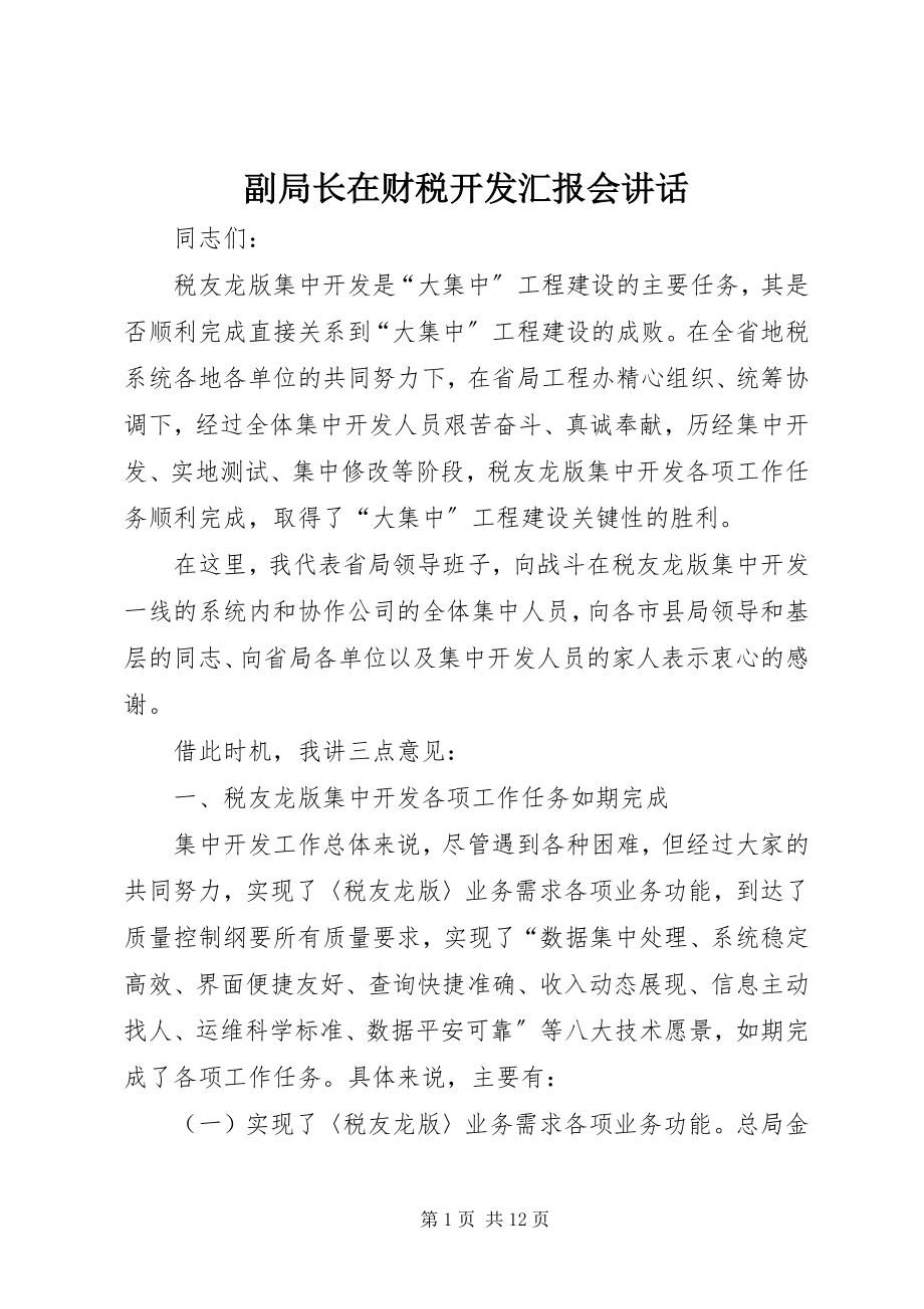 2023年副局长在财税开发汇报会致辞.docx_第1页