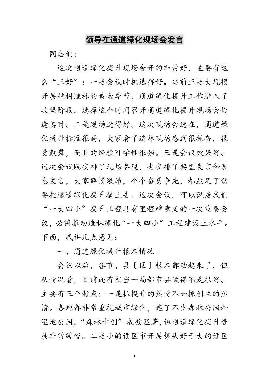 2023年领导在通道绿化现场会发言范文.doc_第1页