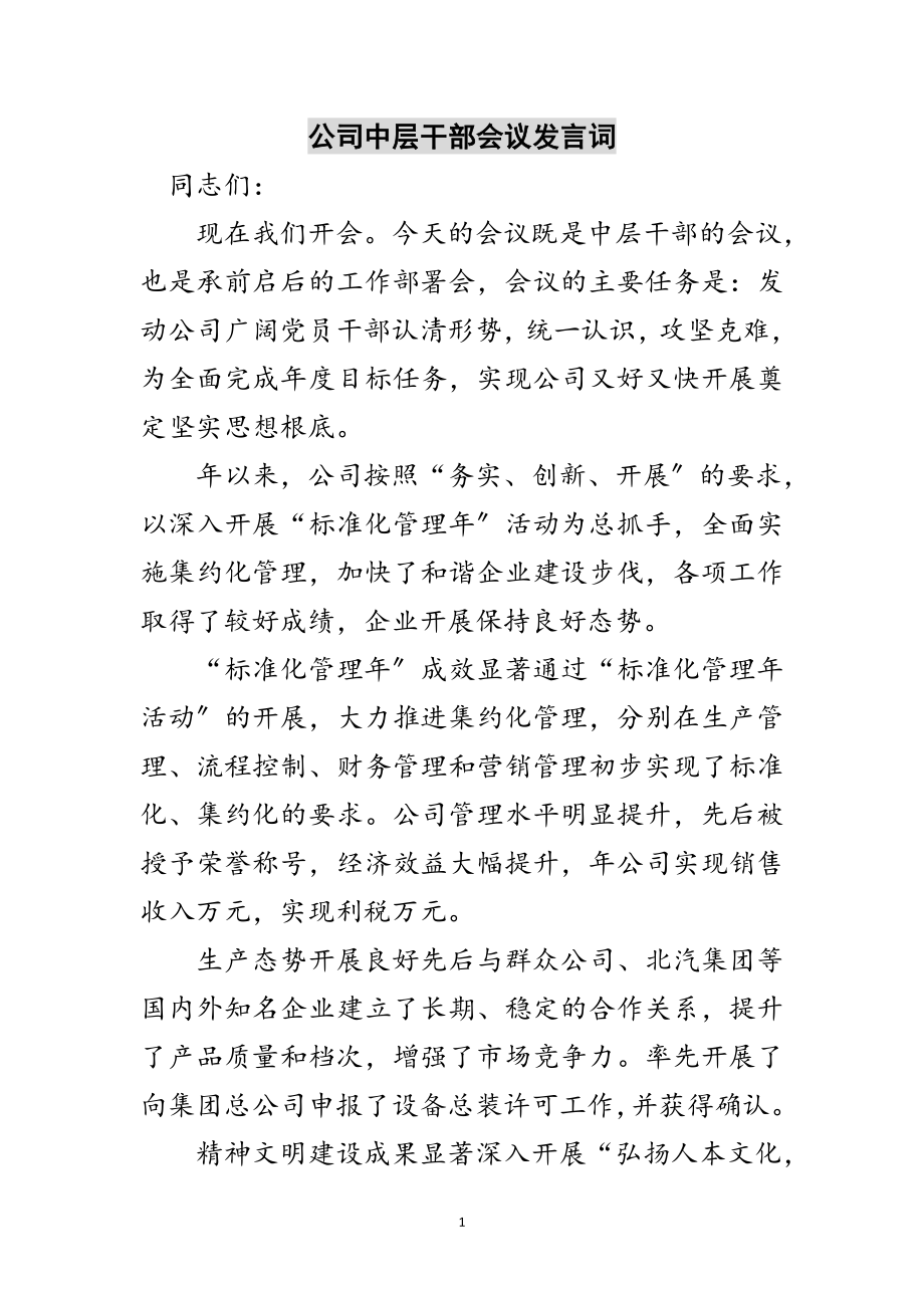 2023年公司中层干部会议发言词范文.doc_第1页