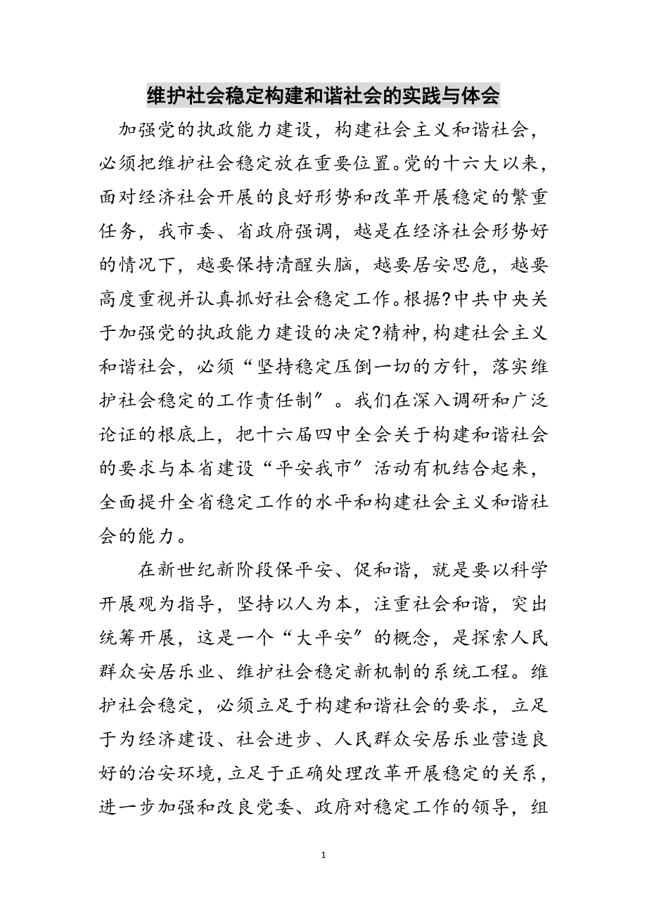 2023年维护社会稳定构建和谐社会的实践与体会范文.doc_第1页