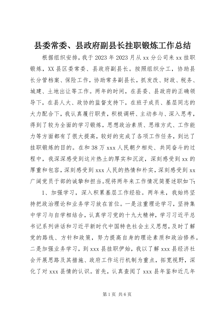 2023年县委常委县政府副县长挂职锻炼工作总结.docx_第1页