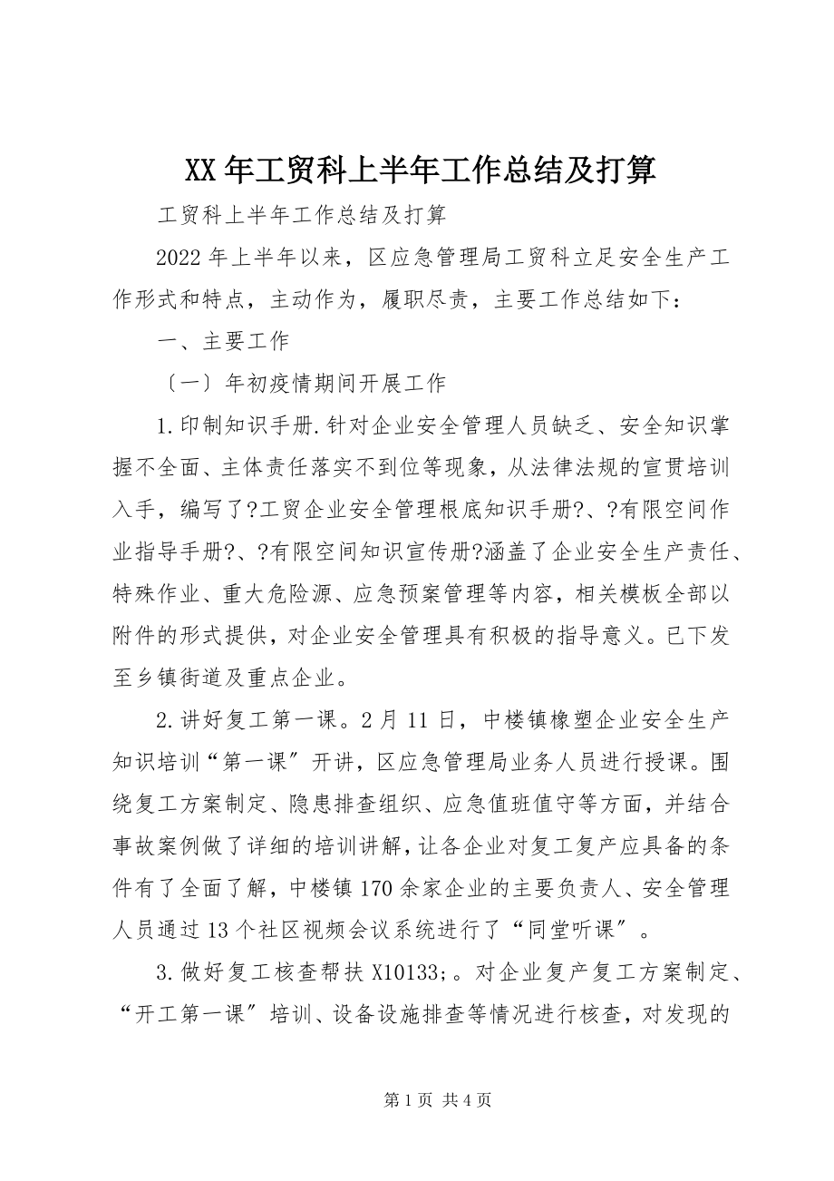 2023年工贸科上半年工作总结及打算.docx_第1页