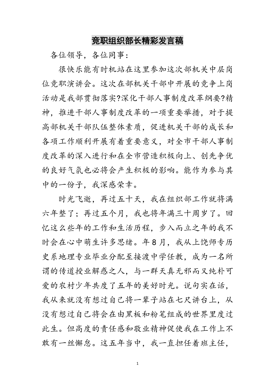 2023年竞职组织部长精彩发言稿范文.doc_第1页