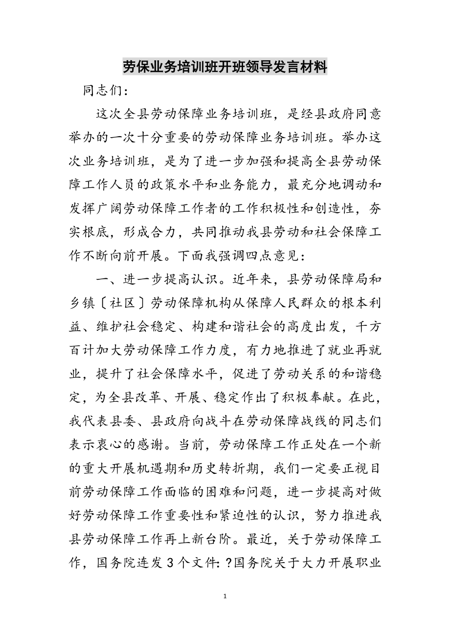 2023年劳保业务培训班开班领导发言材料范文.doc_第1页