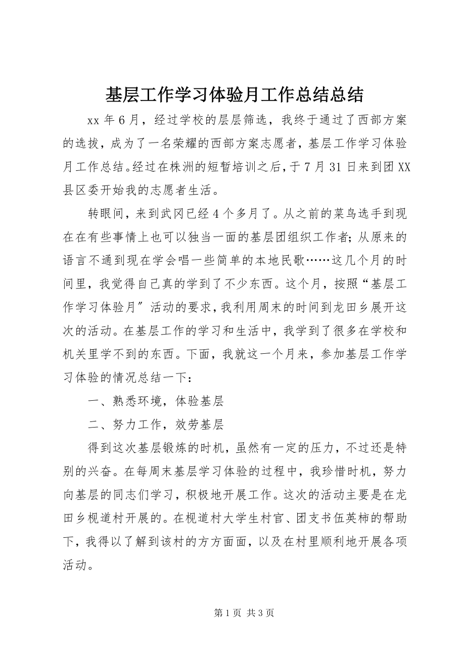 2023年基层工作学习体验月工作总结总结.docx_第1页