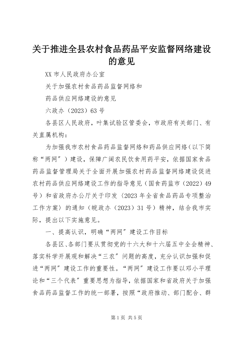 2023年推进全县农村食品药品安全监督网络建设的意见.docx_第1页