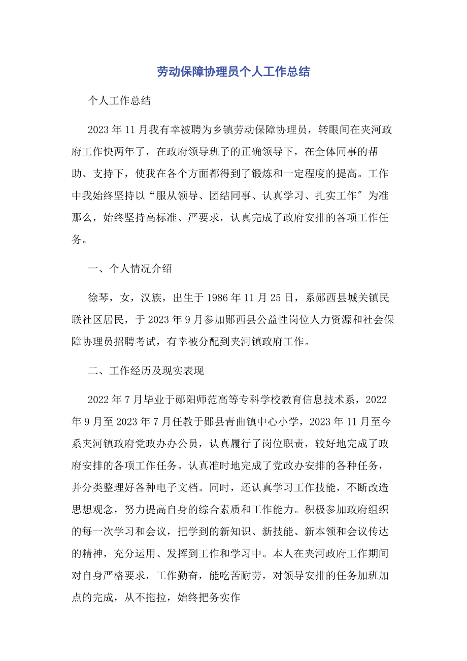 2023年劳动保障协理员个人工作总结.docx_第1页