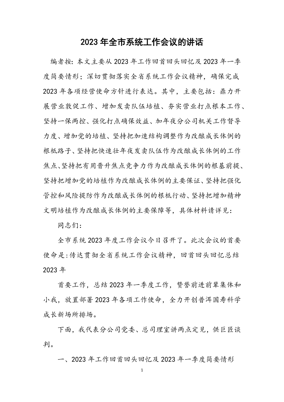 2023年全市系统工作会议的讲话.docx_第1页