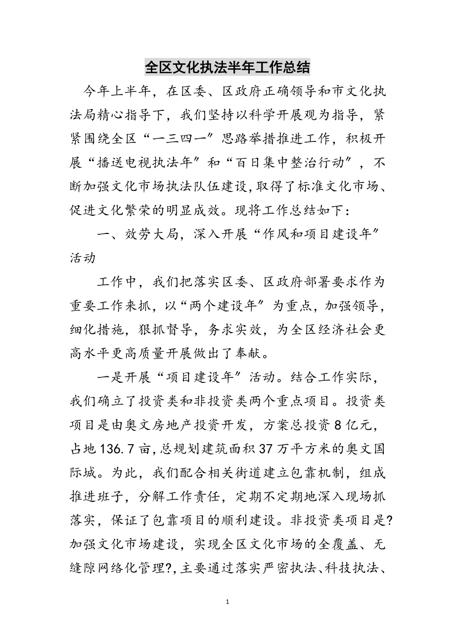 2023年全区文化执法半年工作总结范文.doc_第1页