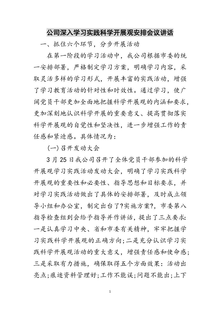 2023年公司深入学习实践科学发展观安排会议讲话范文.doc_第1页