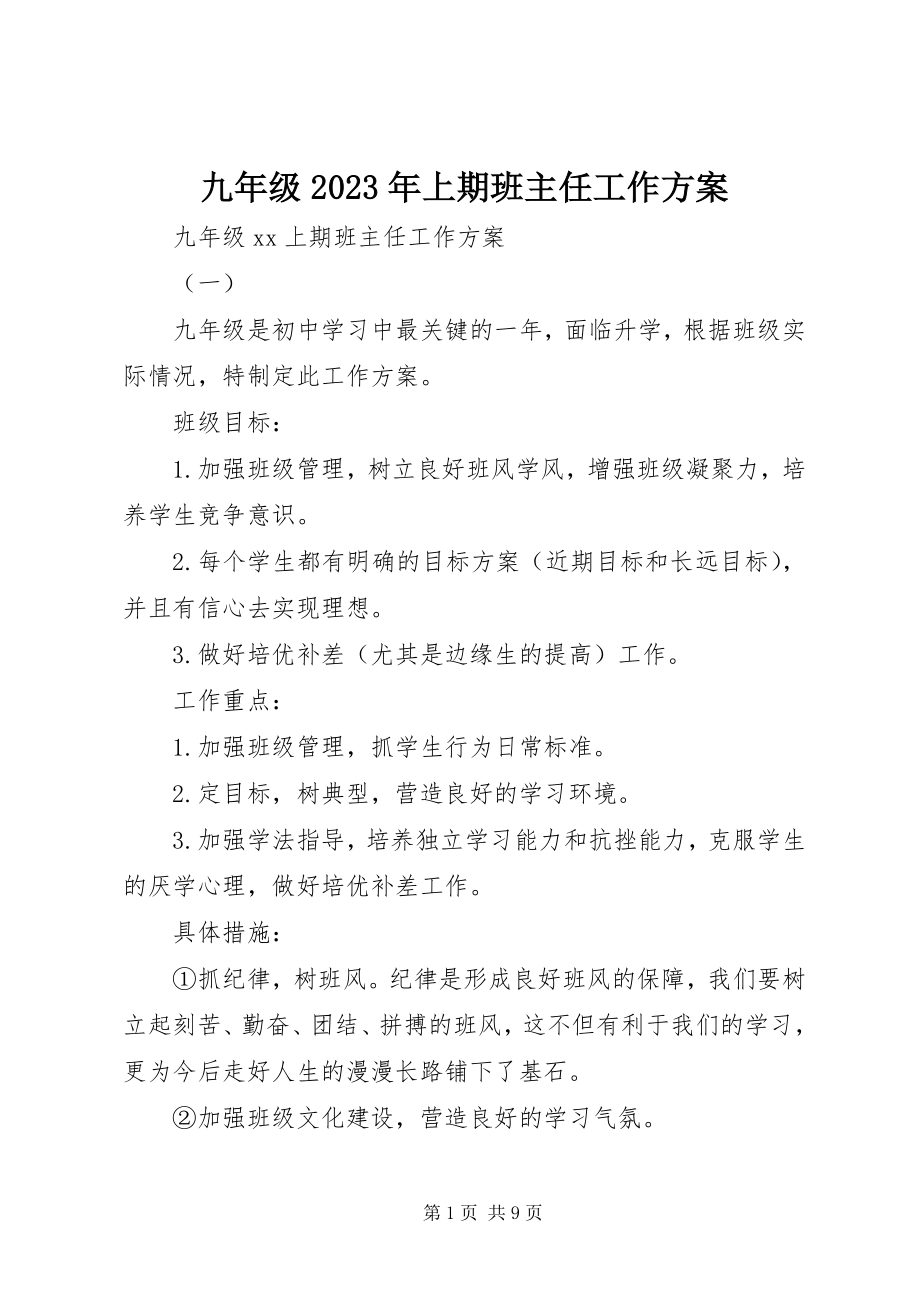 2023年九年级上期班主任工作计划.docx_第1页