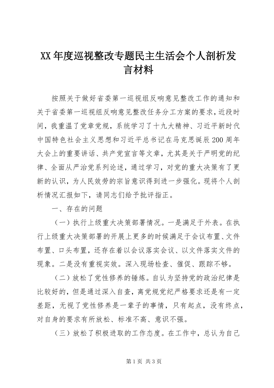 2023年巡视整改专题民主生活会个人剖析讲话材料.docx_第1页