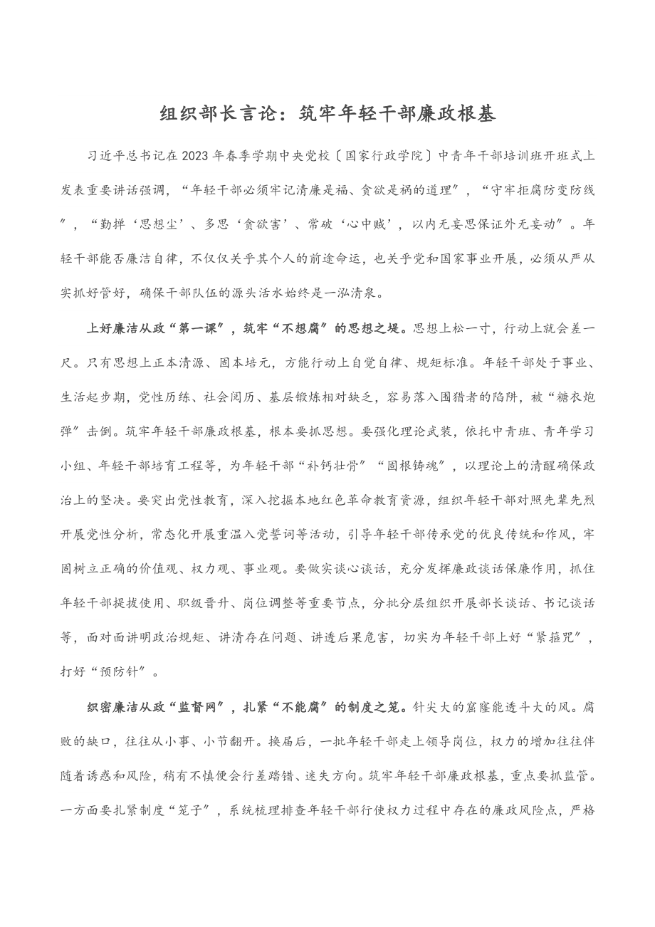 组织部长言论：筑牢年轻干部廉政根基.docx_第1页