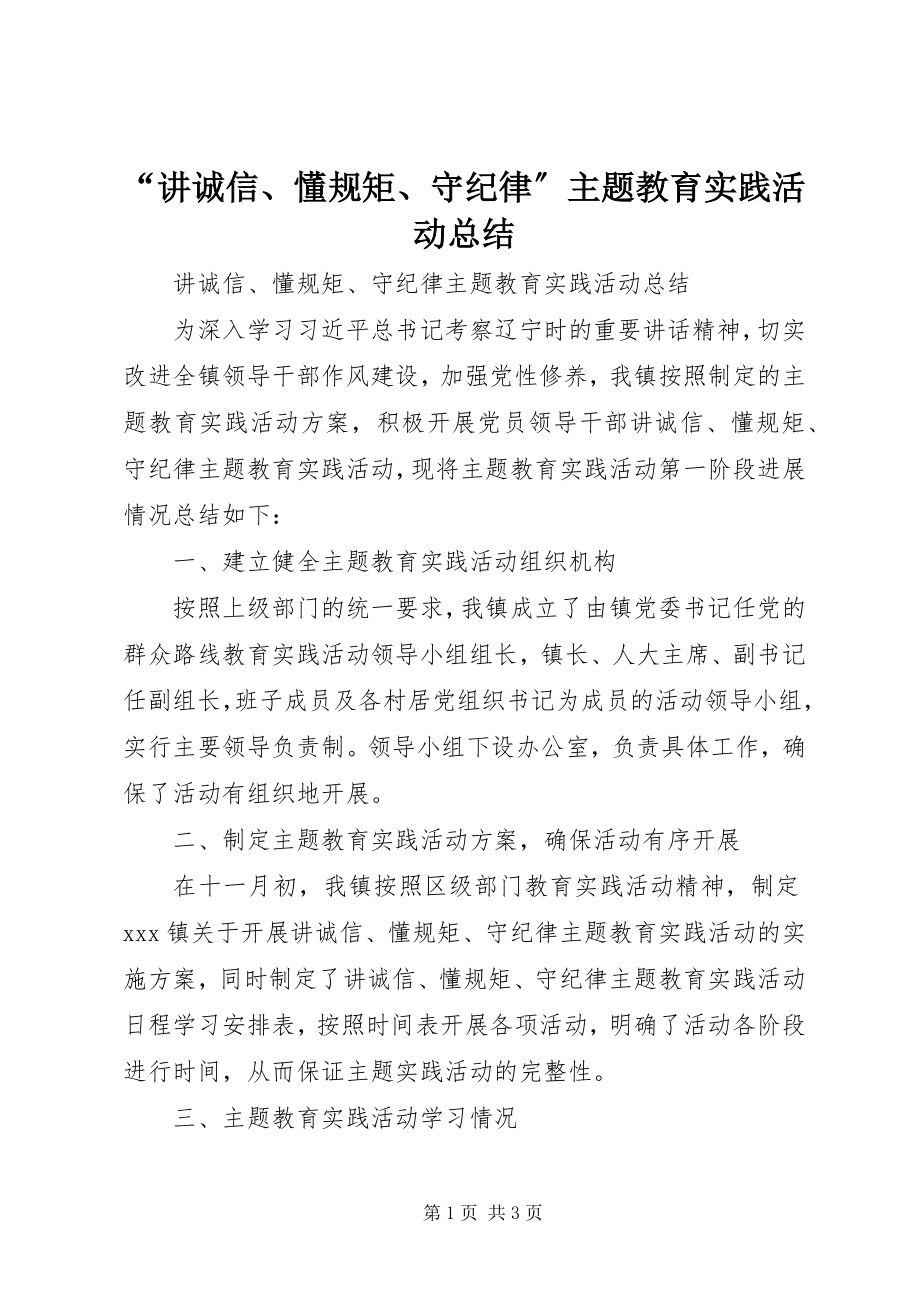 2023年讲诚信懂规矩守纪律主题教育实践活动总结.docx_第1页