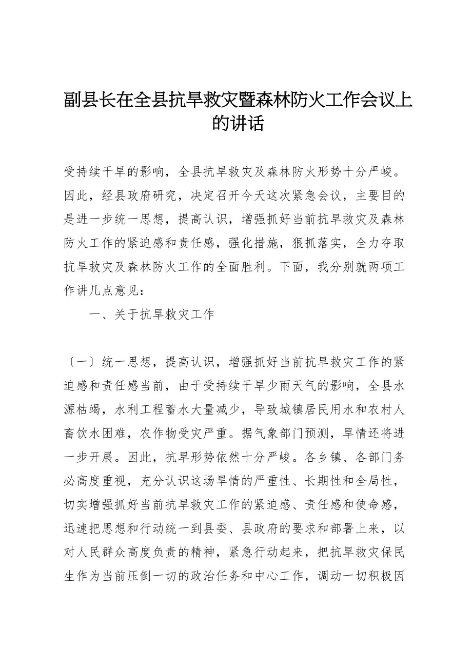 2023年副县长在全县抗旱救灾暨森林防火工作会议上的致辞.doc_第1页