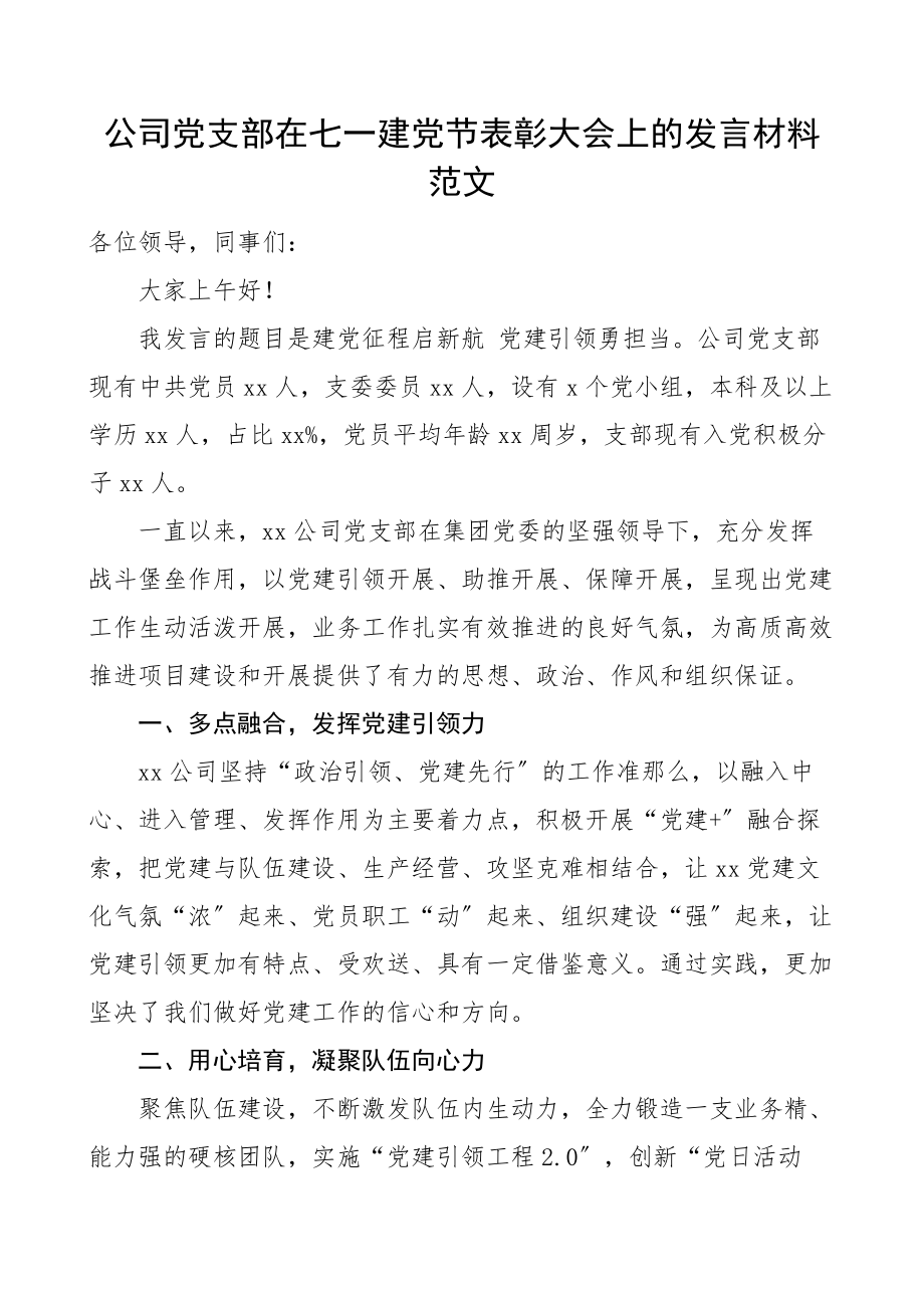 公司党支部在七一建党节表彰大会上的发言材料范文集团企业支部事迹.docx_第1页