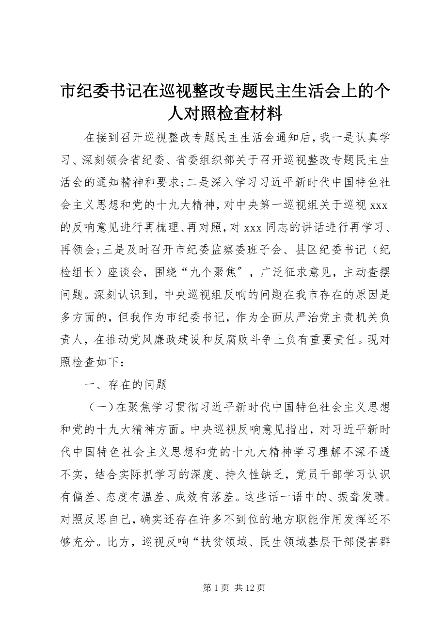 2023年市纪委书记在巡视整改专题民主生活会上的个人对照检查材料.docx_第1页