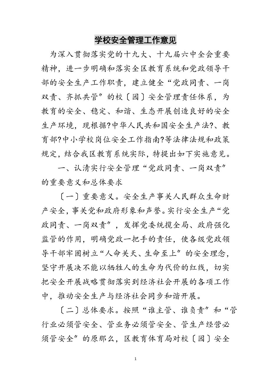 2023年学校安全管理工作意见范文.doc_第1页