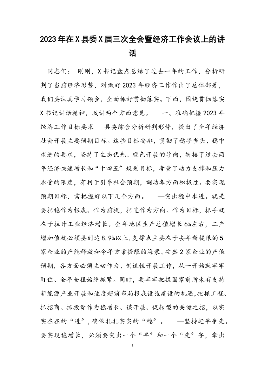 2023年在x县委x届三次全会暨经济工作会议上的讲话2材料.docx_第1页