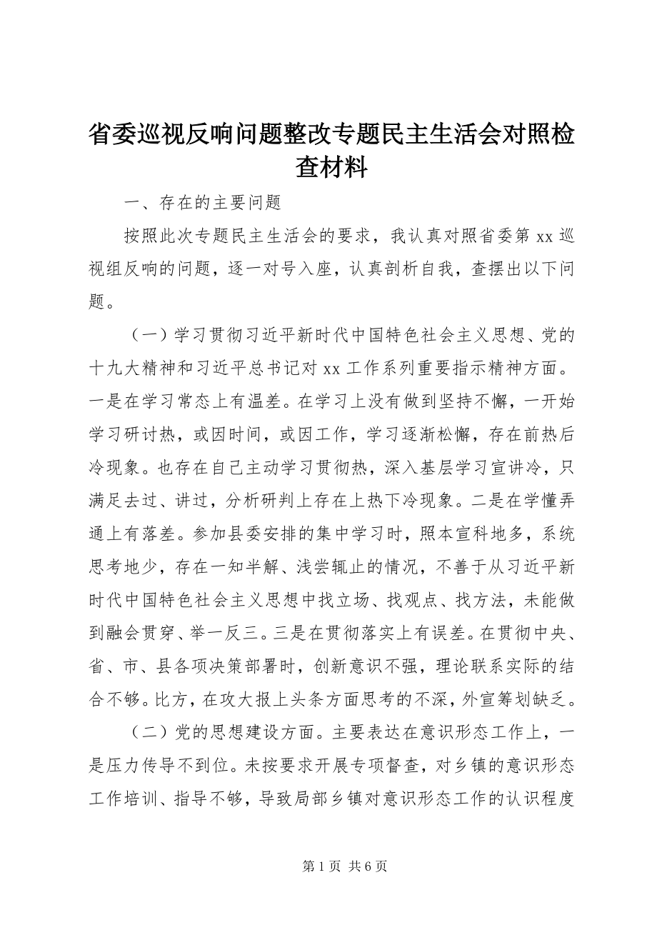 2023年省委巡视反馈问题整改专题民主生活会对照检查材料.docx_第1页