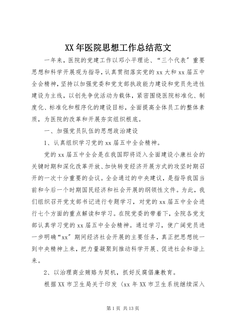 2023年医院思想工作总结.docx_第1页