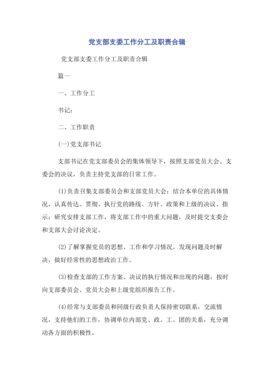 2023年党支部支委工作分工及职责合辑2.docx_第1页