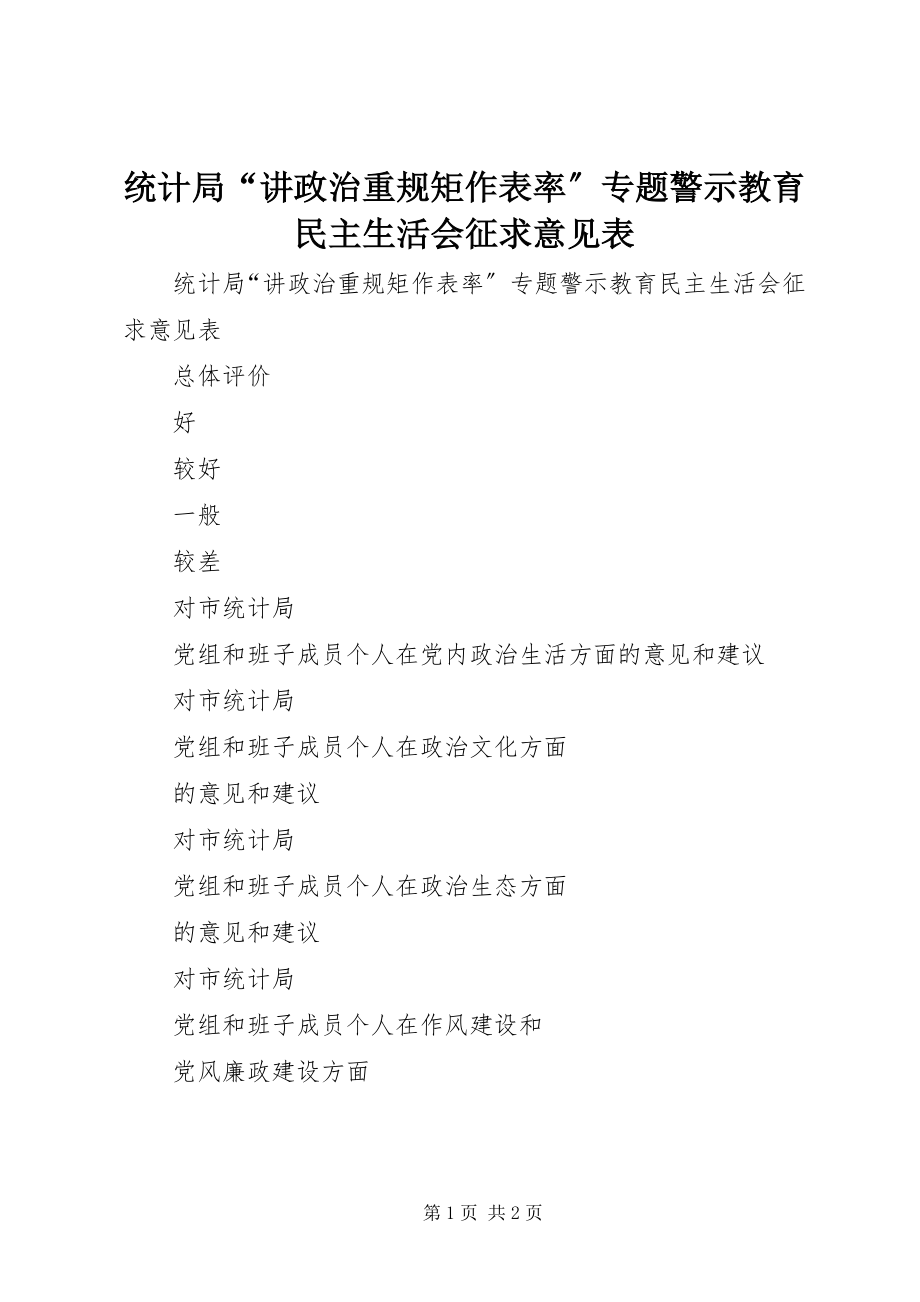 2023年统计局“讲政治重规矩作表率”专题警示教育民主生活会征求意见表.docx_第1页