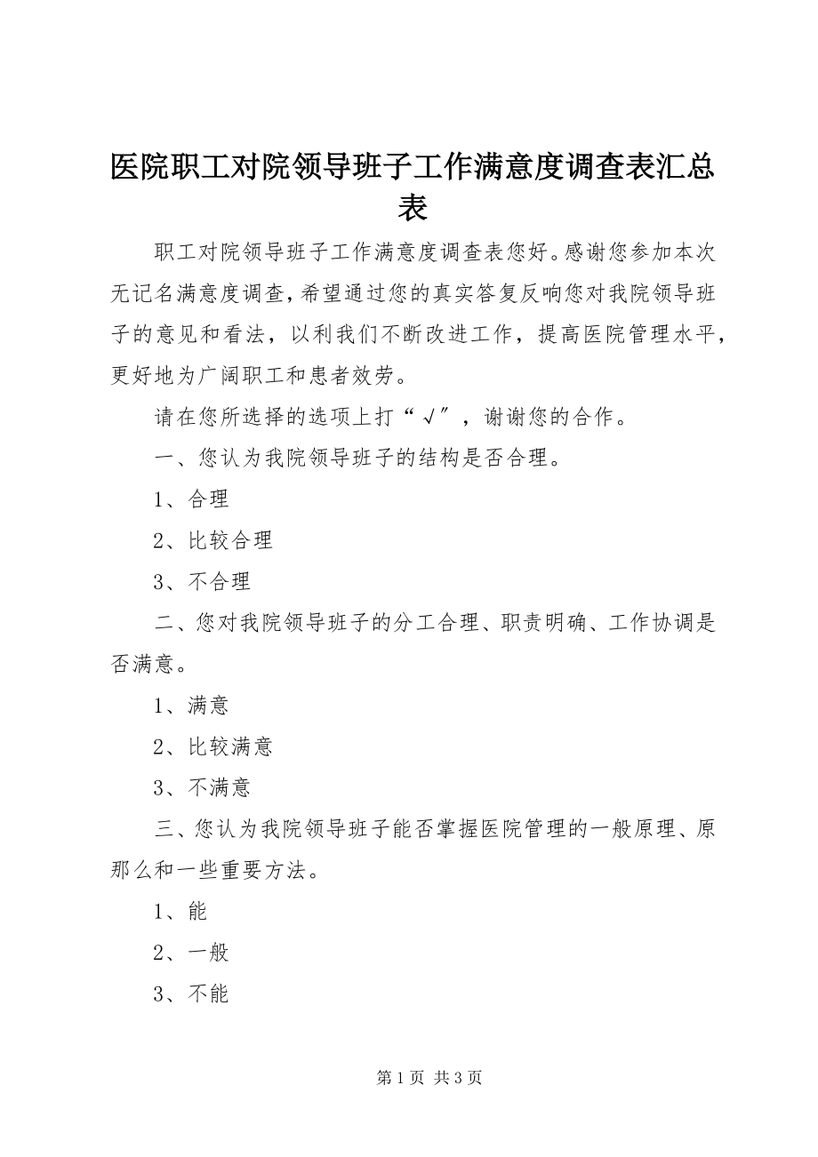 2023年医院职工对院领导班子工作满意度调查表汇总表.docx_第1页