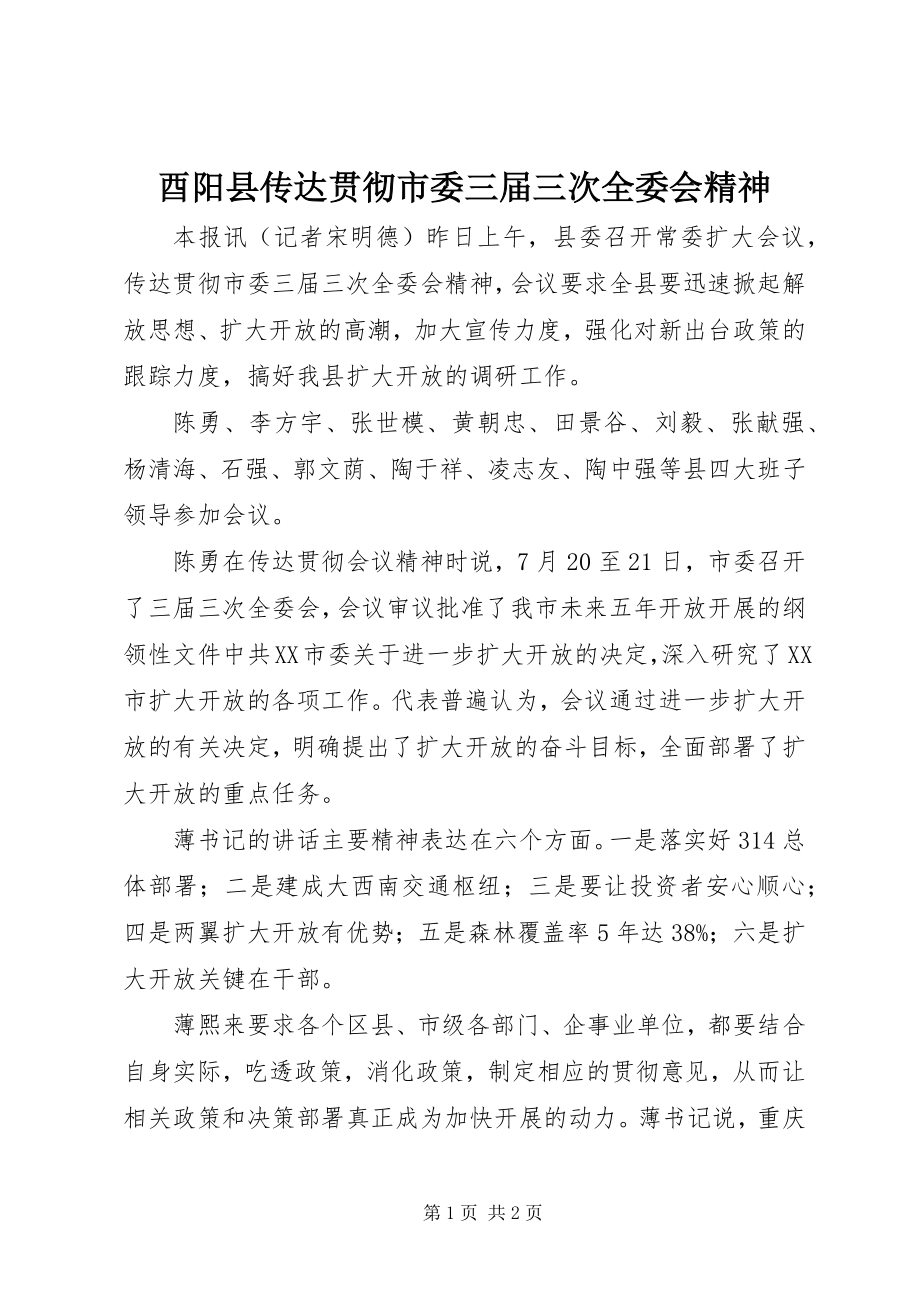 2023年酉阳县传达贯彻市委三届三次全委会精神.docx_第1页