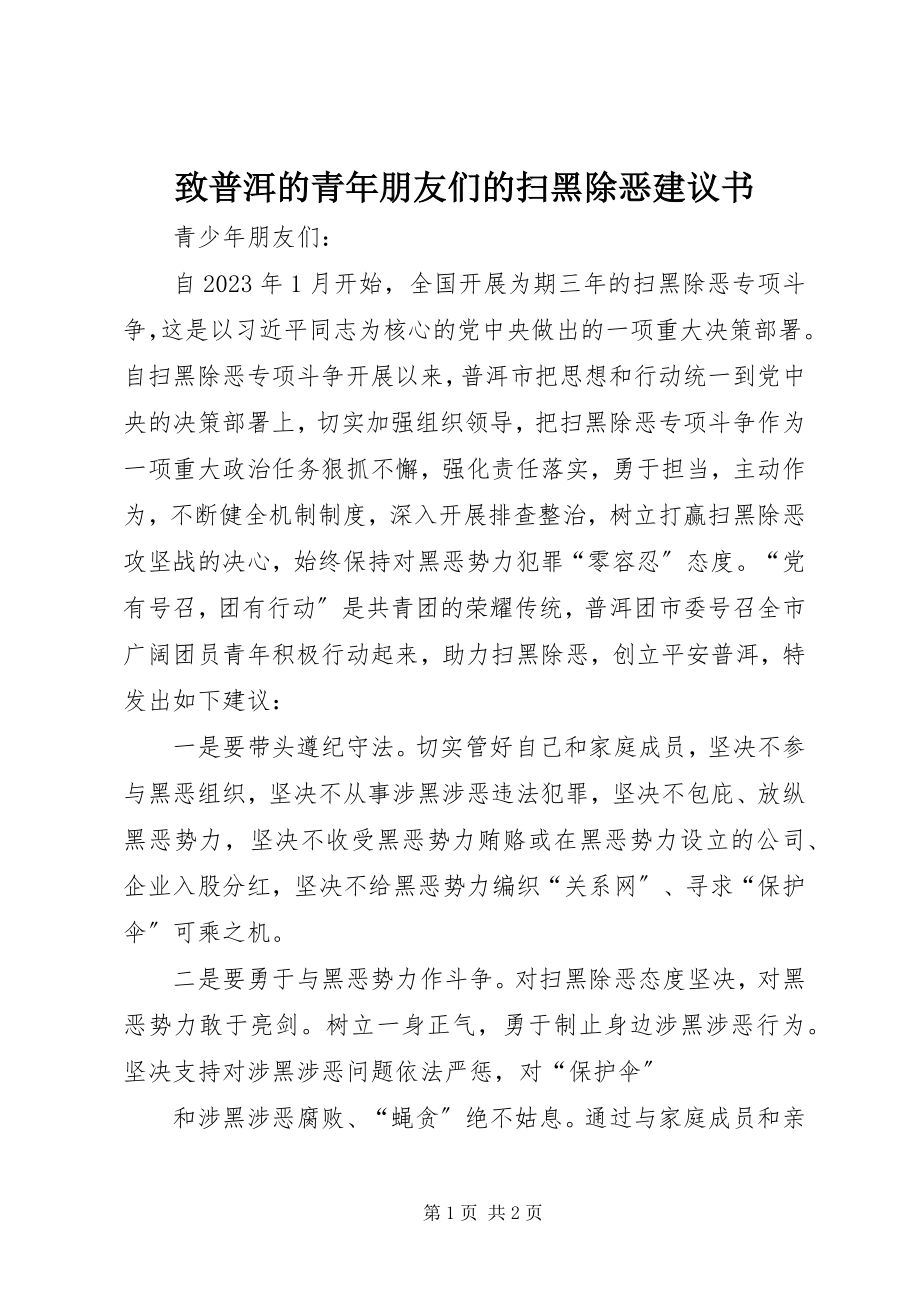 2023年致普洱的青年朋友们的扫黑除恶倡议书.docx_第1页