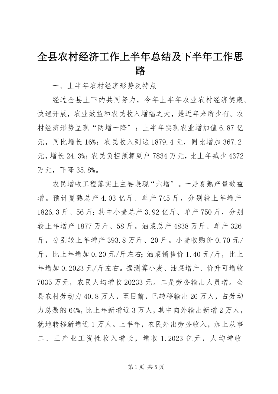 2023年全县农村经济工作上半年总结及下半年工作思路.docx_第1页