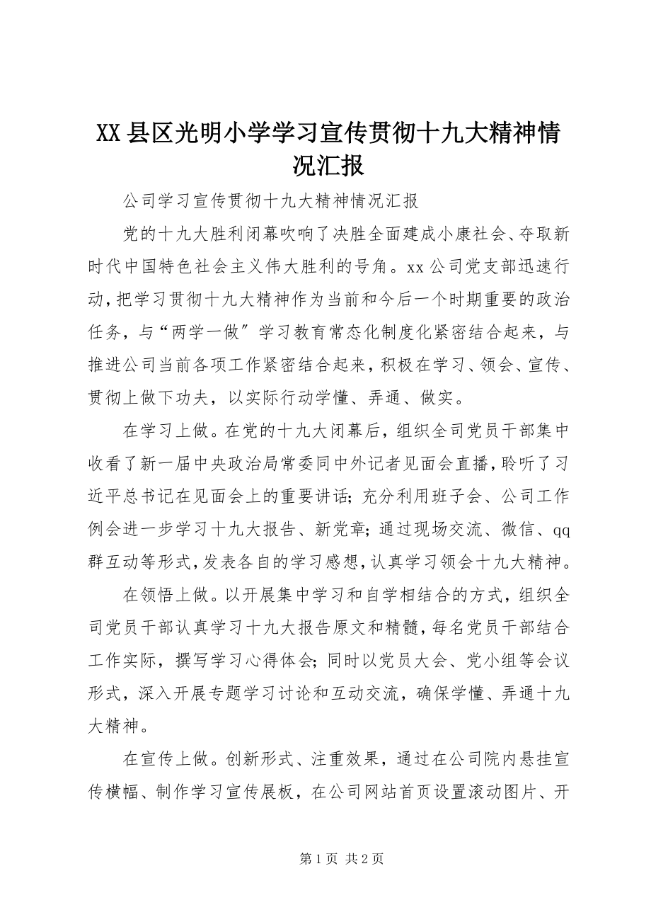 2023年XX县区光明小学学习宣传贯彻十九大精神情况汇报新编.docx_第1页