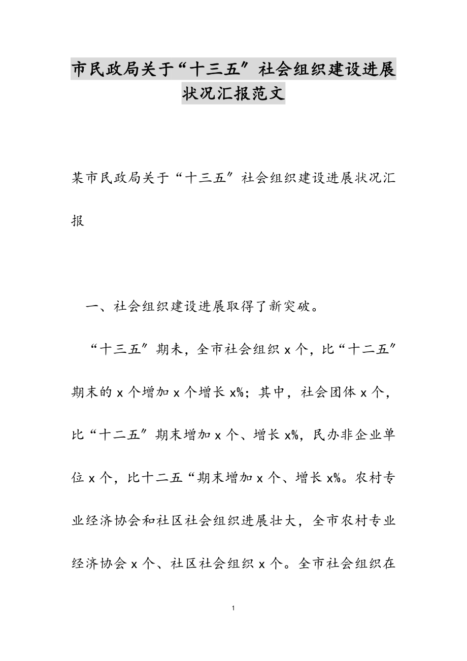 2023年市民政局关于“十三五”社会组织建设发展情况汇报.doc_第1页