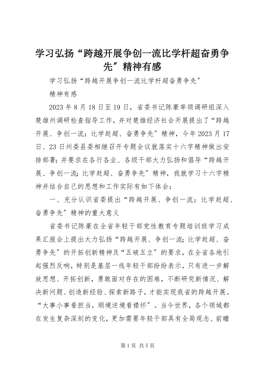 2023年学习弘扬“跨越发展争创一流比学杆超奋勇争先”精神有感.docx_第1页