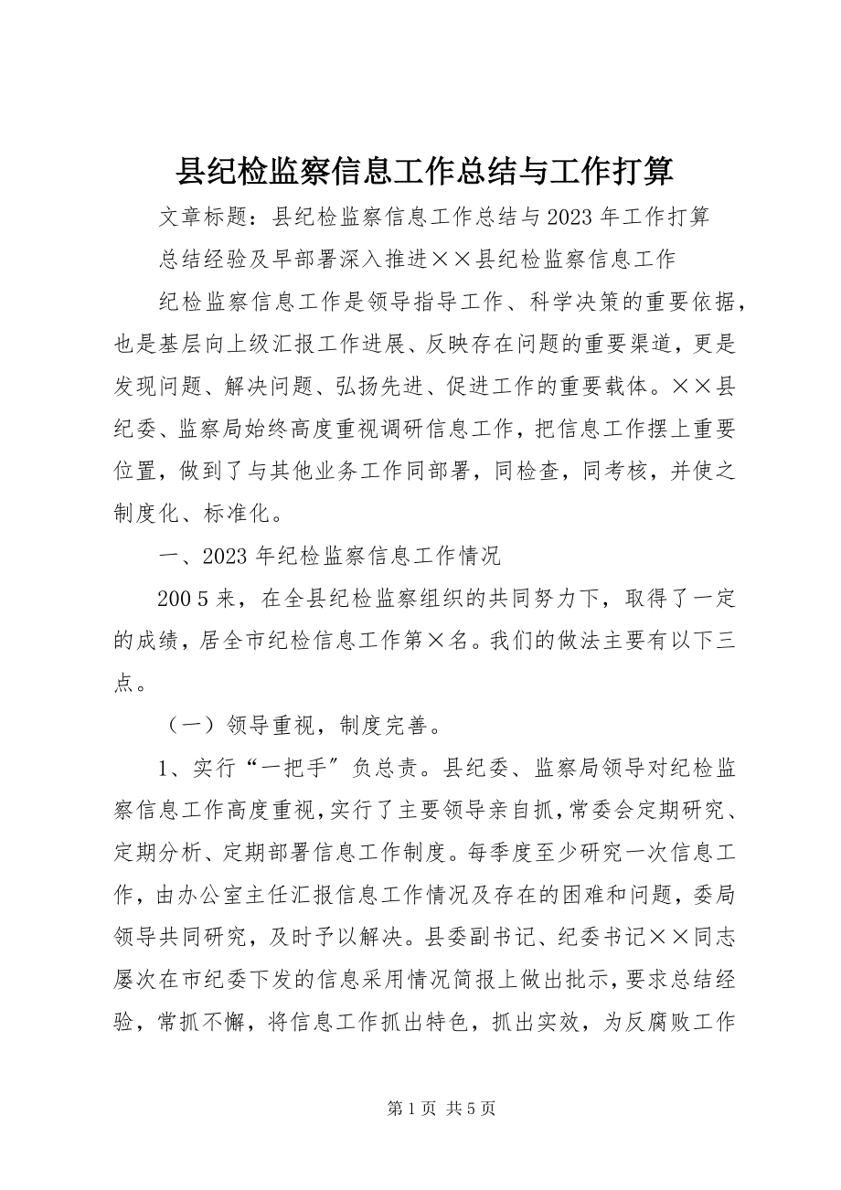 2023年县纪检监察信息工作总结与工作打算.docx_第1页