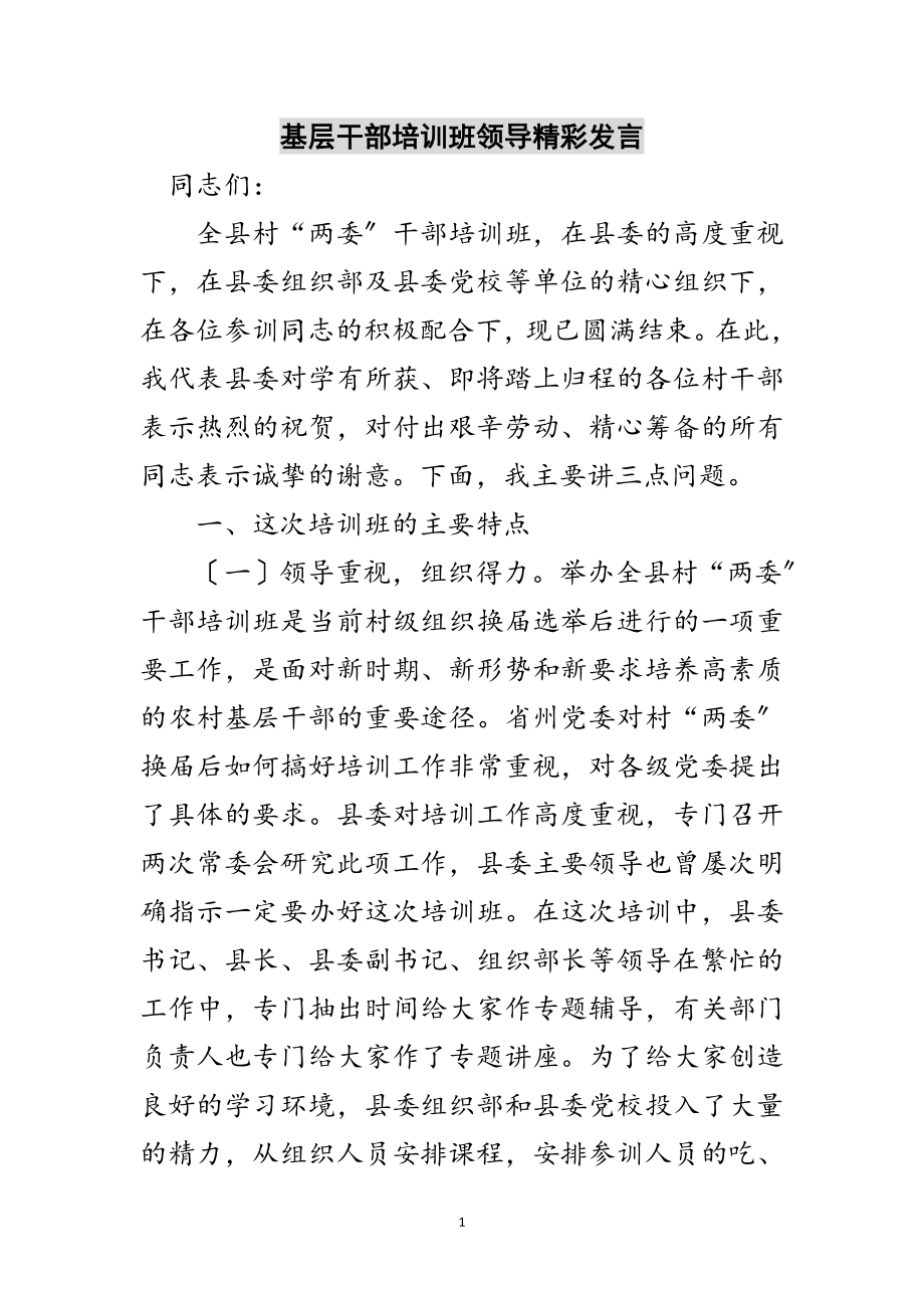 2023年基层干部培训班领导精彩发言范文.doc_第1页