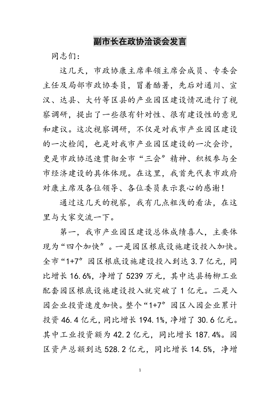 2023年副市长在政协洽谈会发言范文.doc_第1页