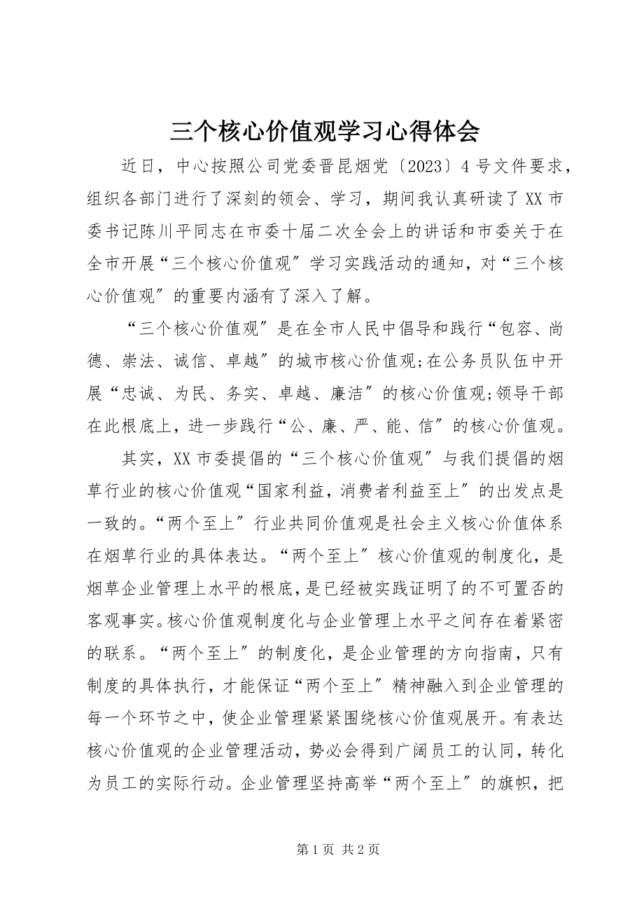 2023年三个核心价值观学习心得体会.docx_第1页