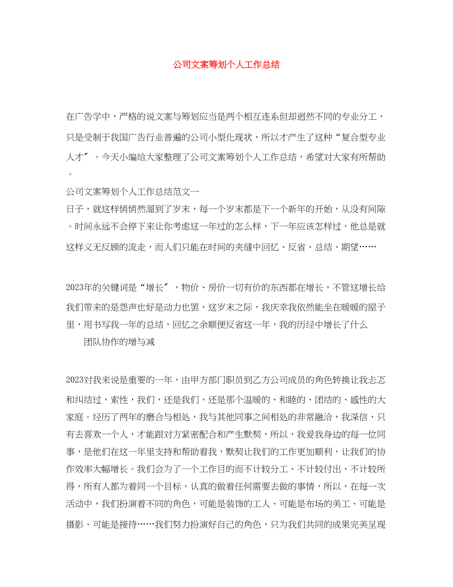 2023年公司文案策划个人工作总结.docx_第1页