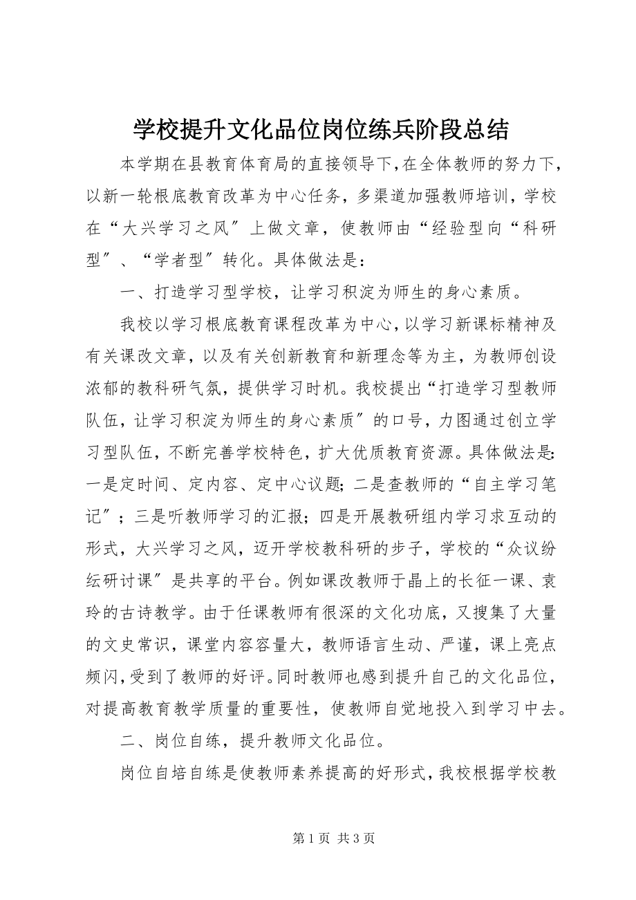 2023年学校提升文化品位岗位练兵阶段总结.docx_第1页